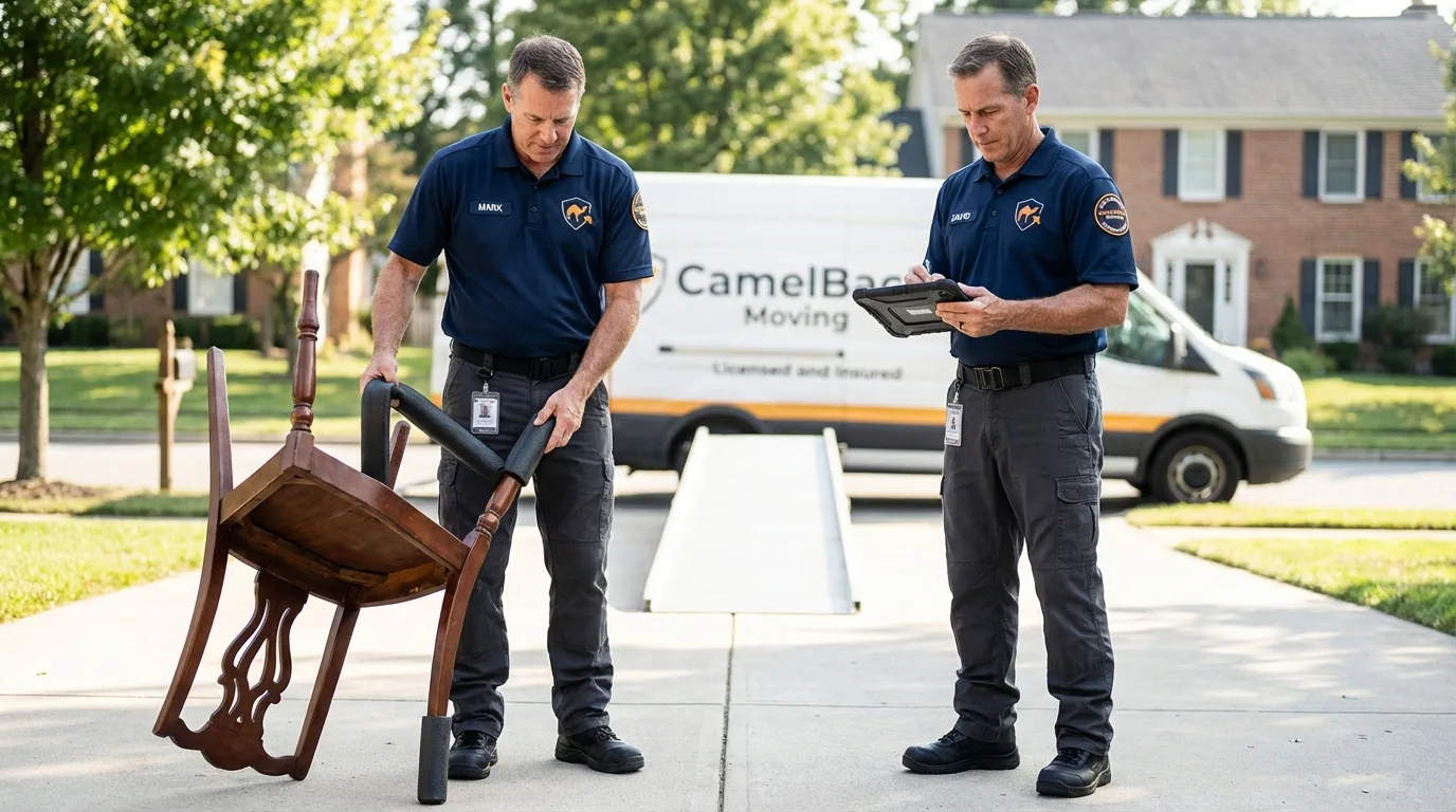 Movers inspecting furniture for damage prevention before loading in Allen Park, MI